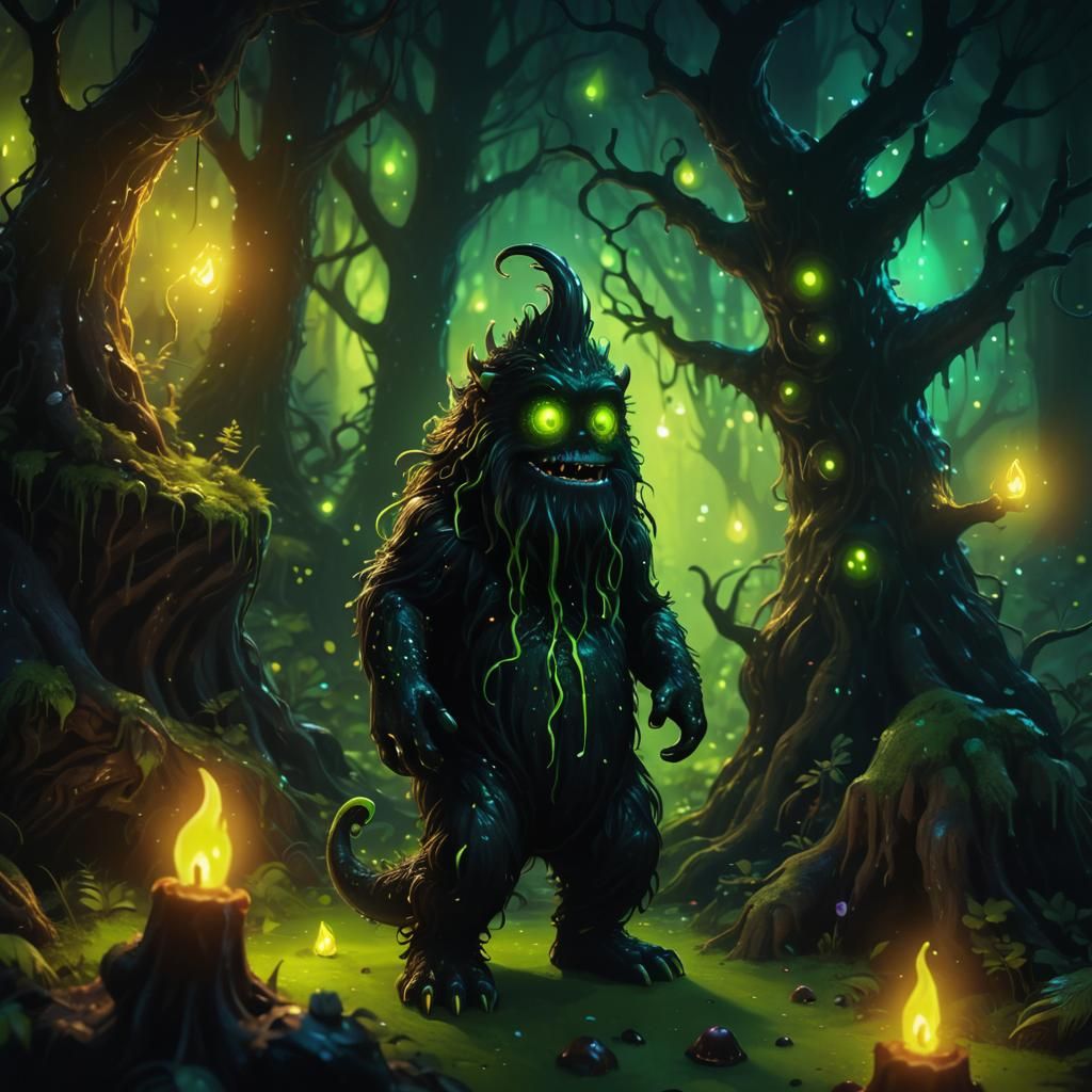 Whimsical Black Goo Monster with Neon Accents Delights in Fo...