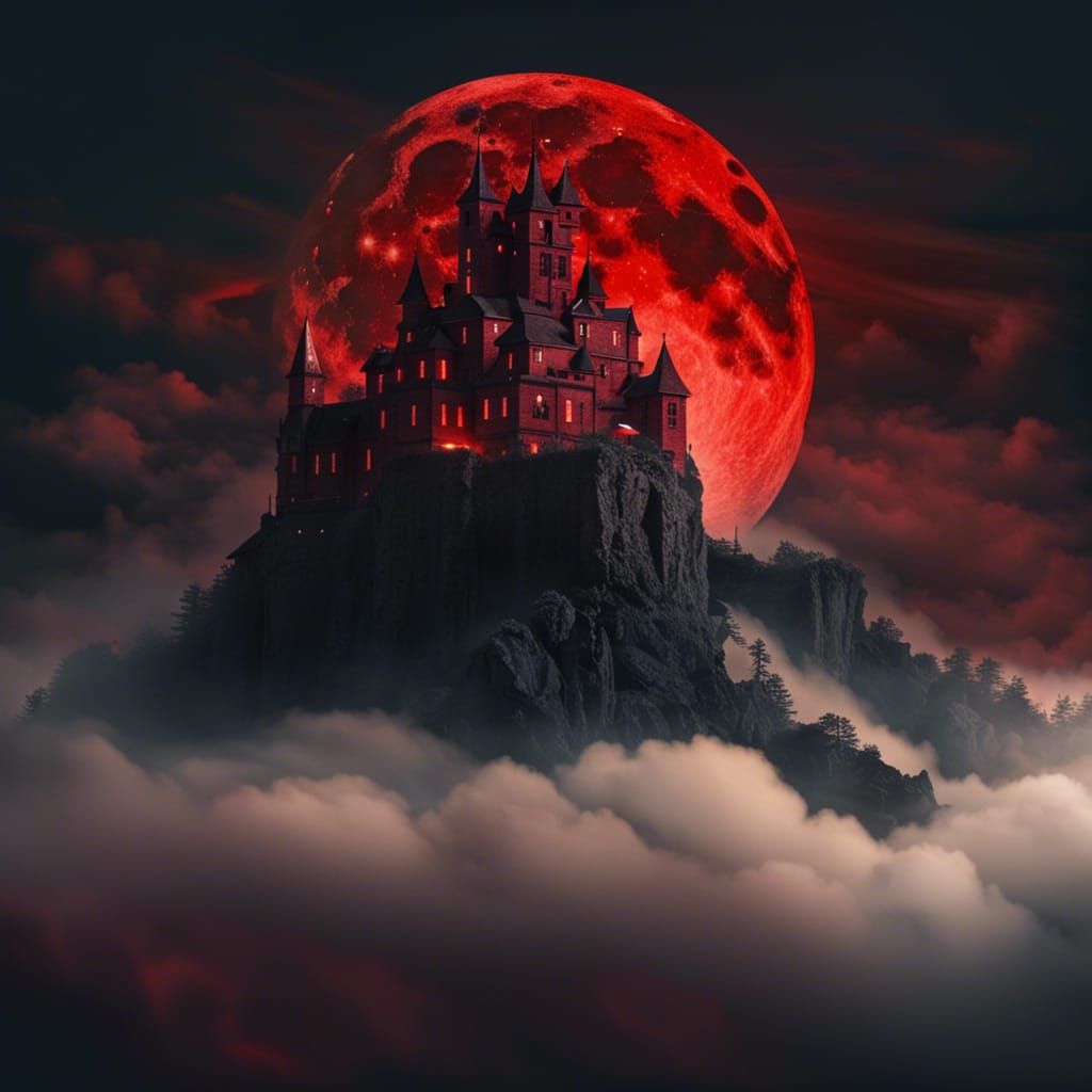 Moonlit Castle Amidst the Clouds in Sinister Details