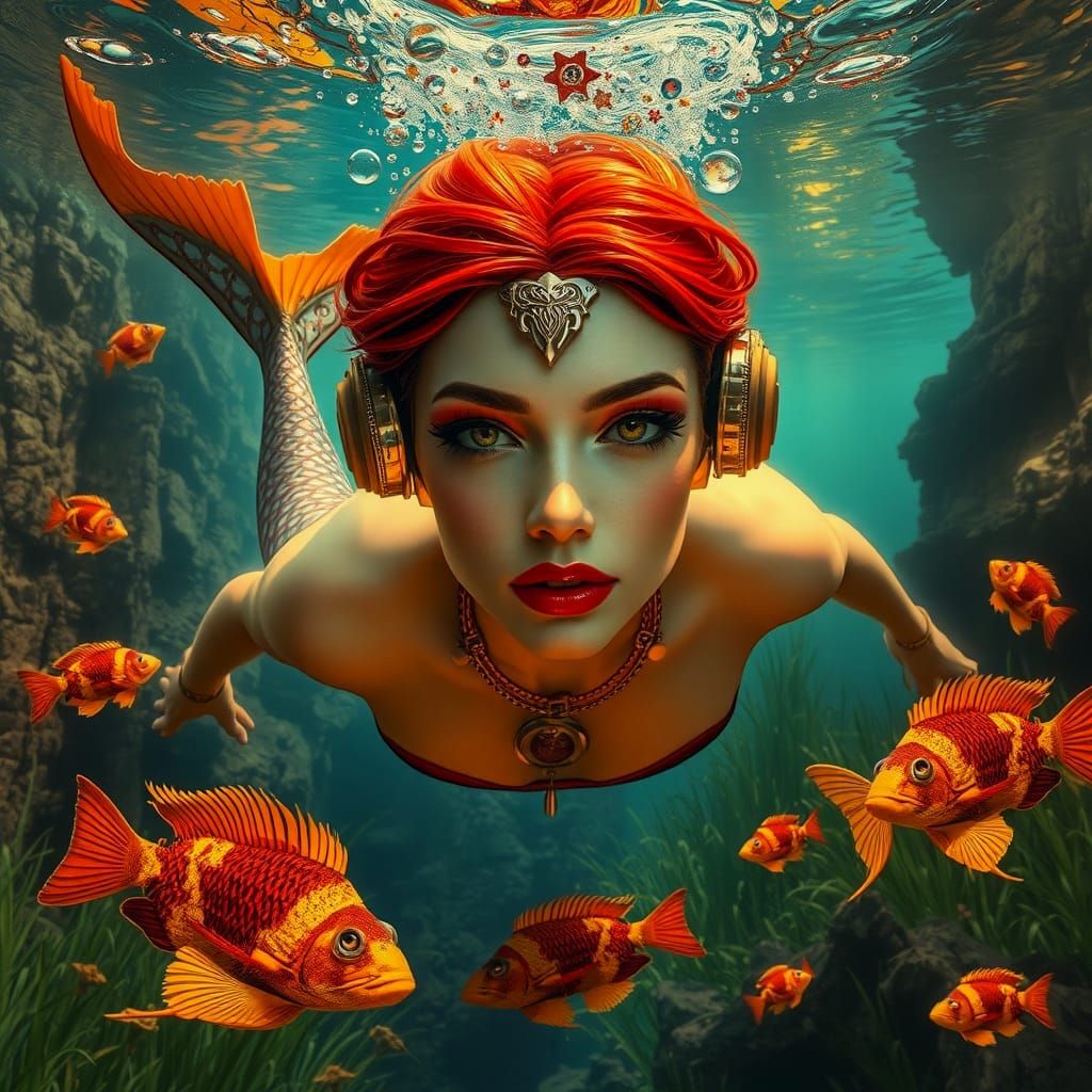 Cyberpunk Mermaid Goddess Shines in Art Nouveau Splendor