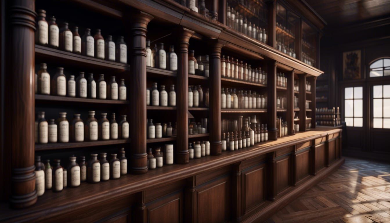 Antique Apothecary Shop in Rich, Dark Wood