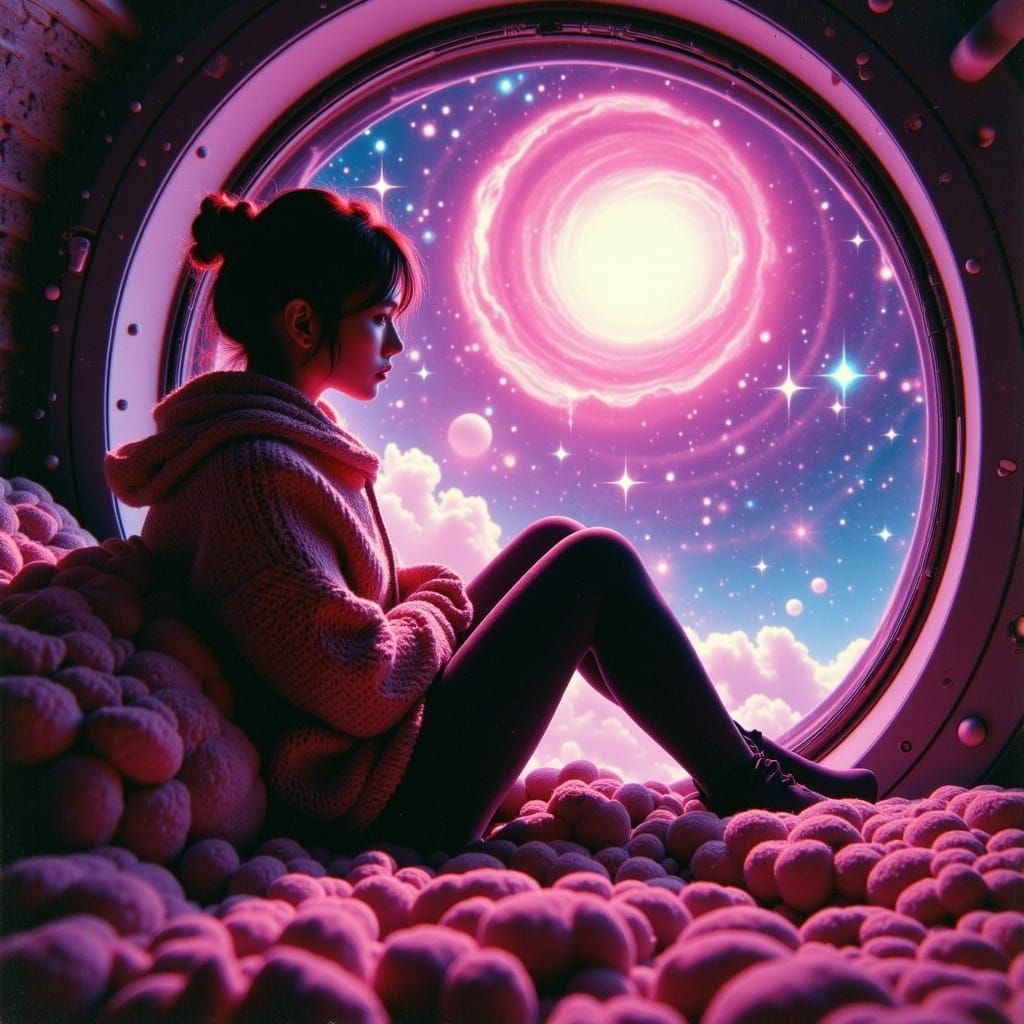 Woman Gazing at Celestial Vistas through Art Nouveau-Style S...