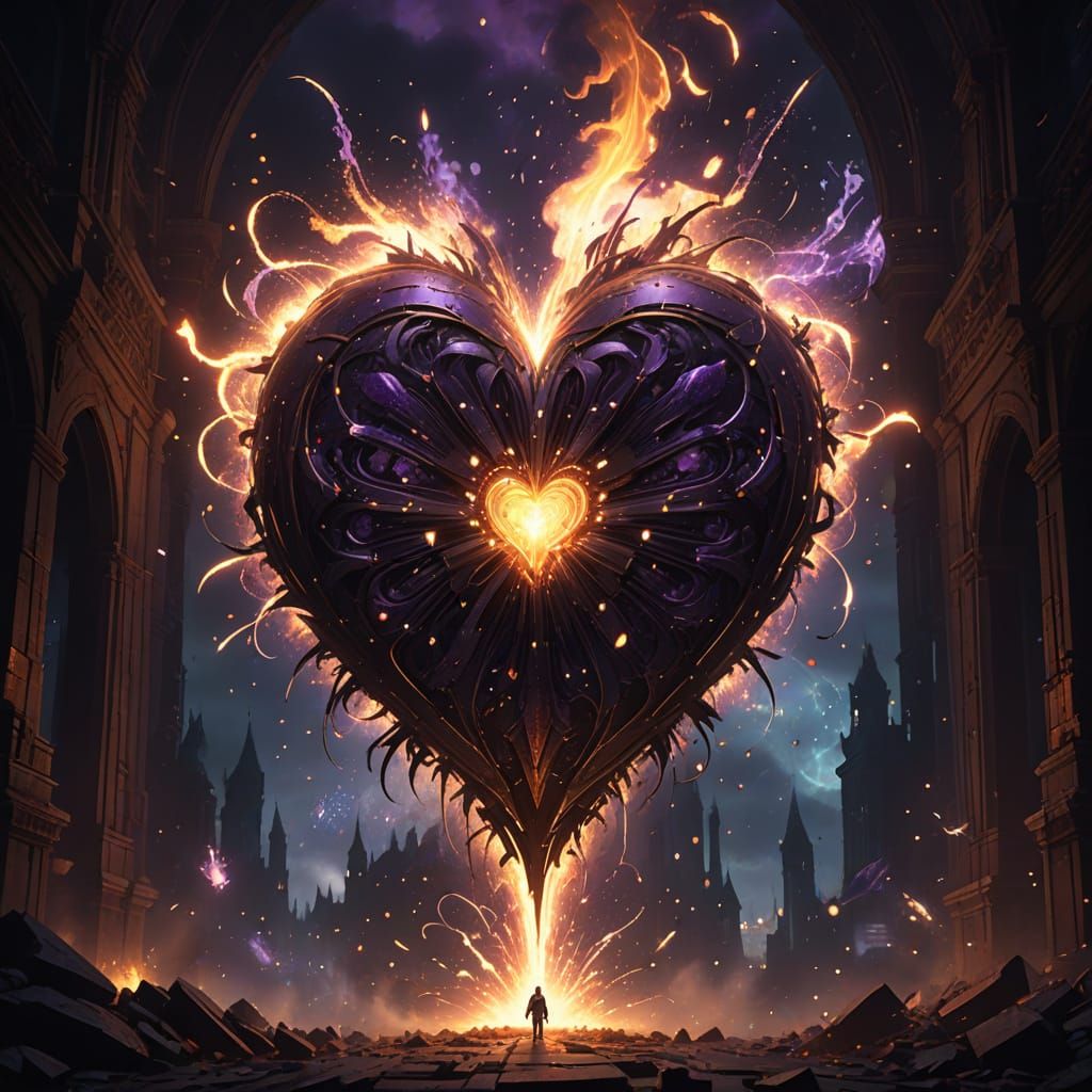Glowing Heart-Shaped Firework Explosion in Art Nouveau Style