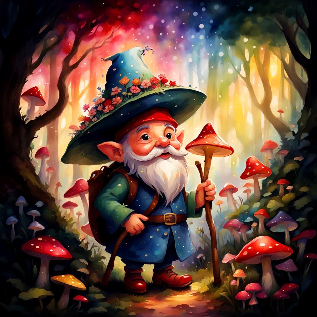Gnome in Fairy Forest: Vibrant Watercolor Concept Art