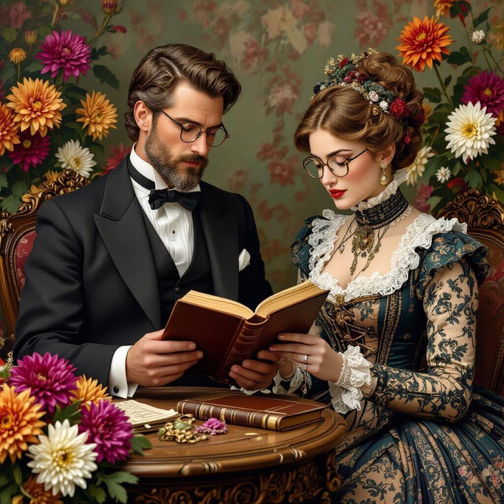 Victorian Couple Amid Chrysanthemums: Line Art Style