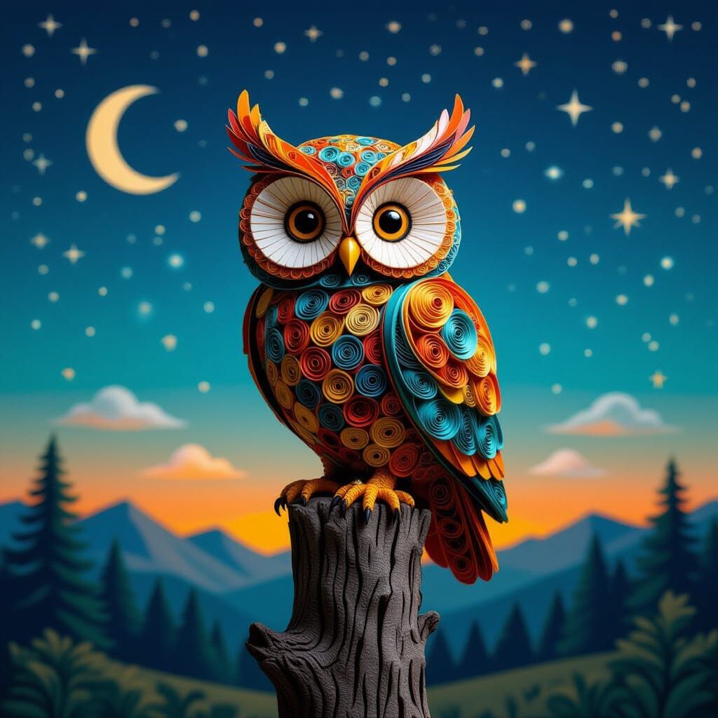 Steampunk Owl Diorama Under Starry Night Sky