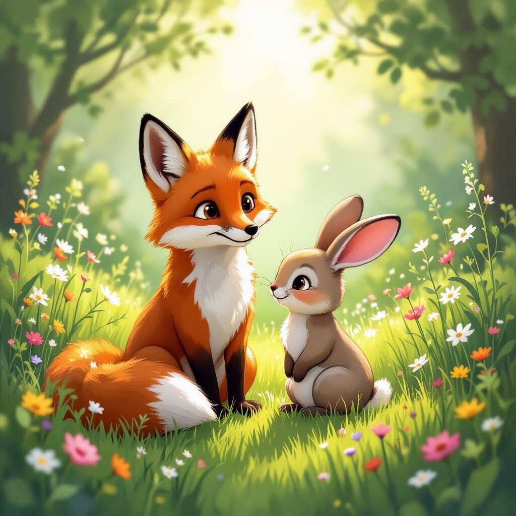 Whimsical Fox and Bunny in Sunlit Meadow