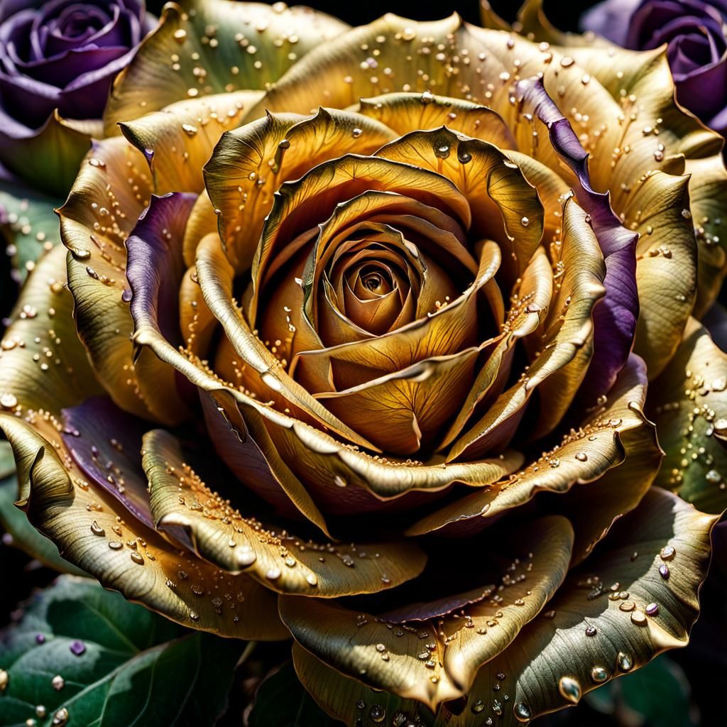 Gothic Whimsical Gold Rose in Verdigris and Lavender
