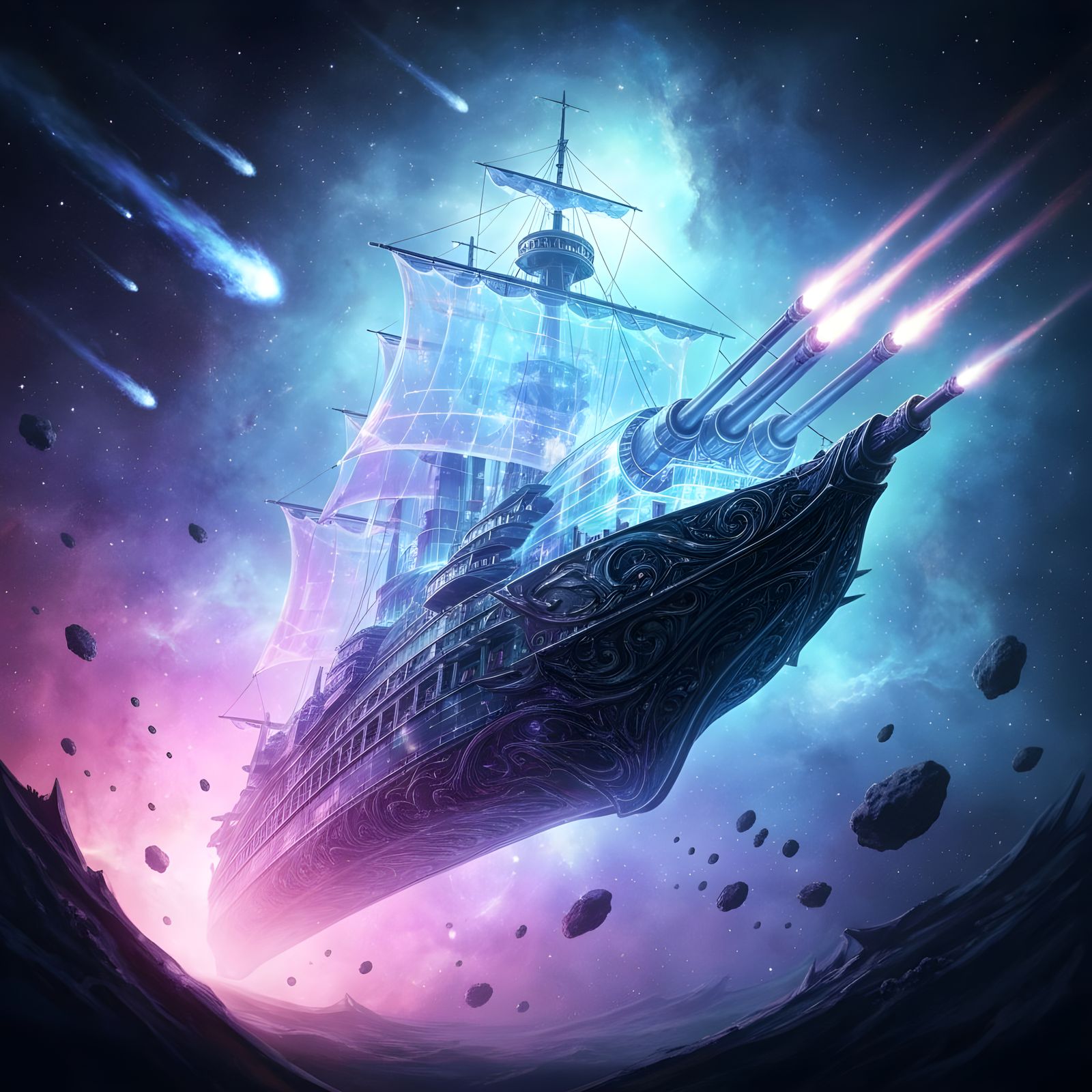 Spectral Warship Sails Through Cosmic Nebula