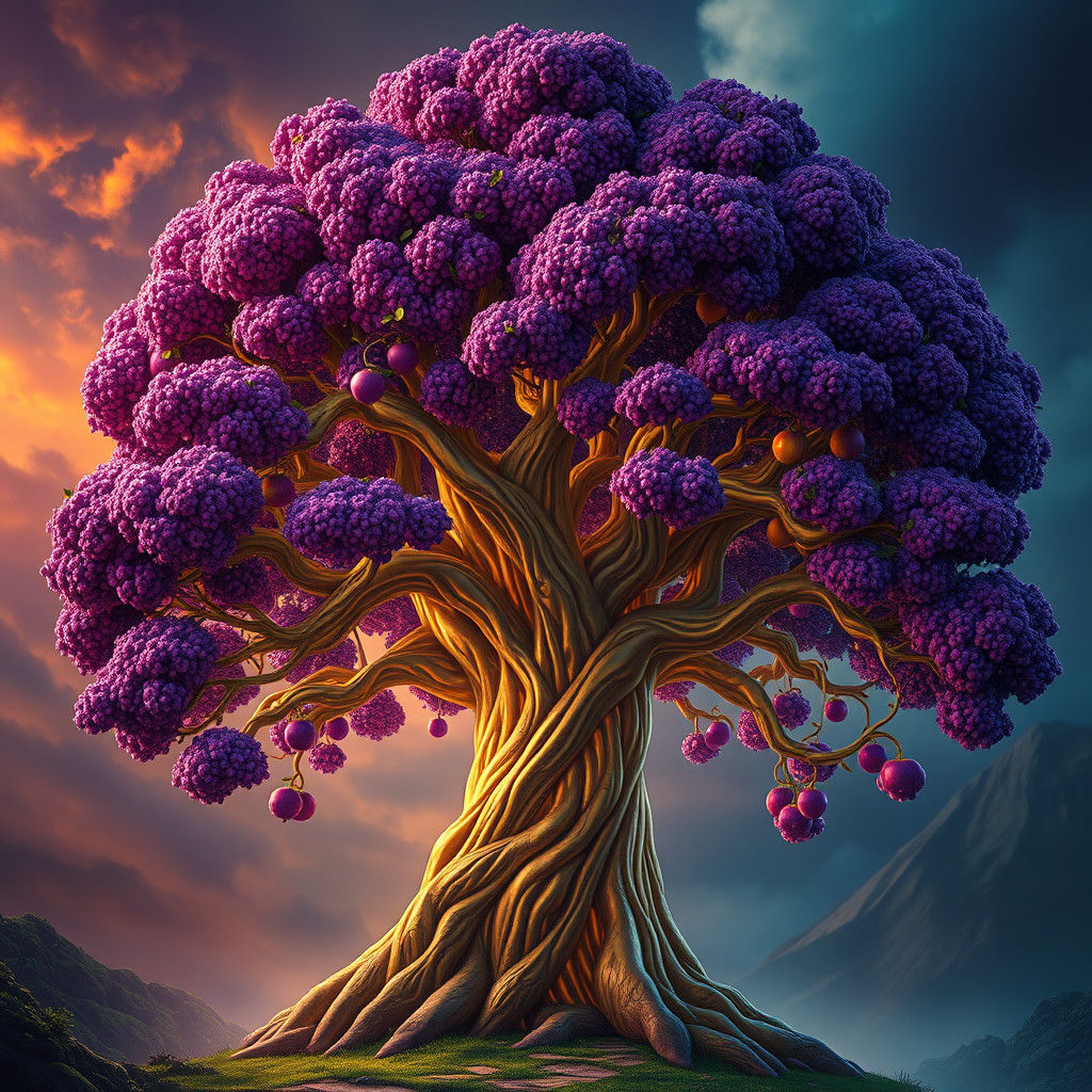 Majestic Yggdrasil Tree with Vibrant Purple Foliage and Gold...