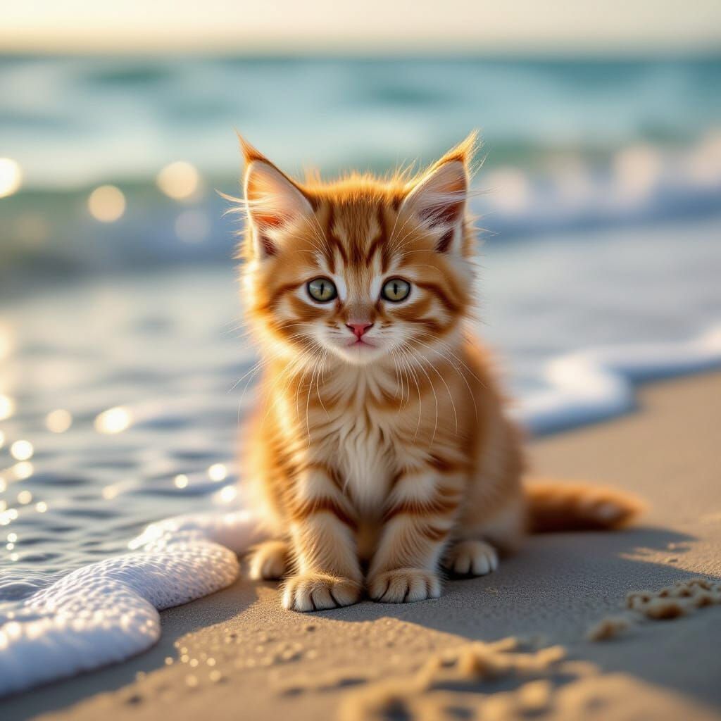 Fluffy Ginger Kitten on Beach, Golden Hour Light