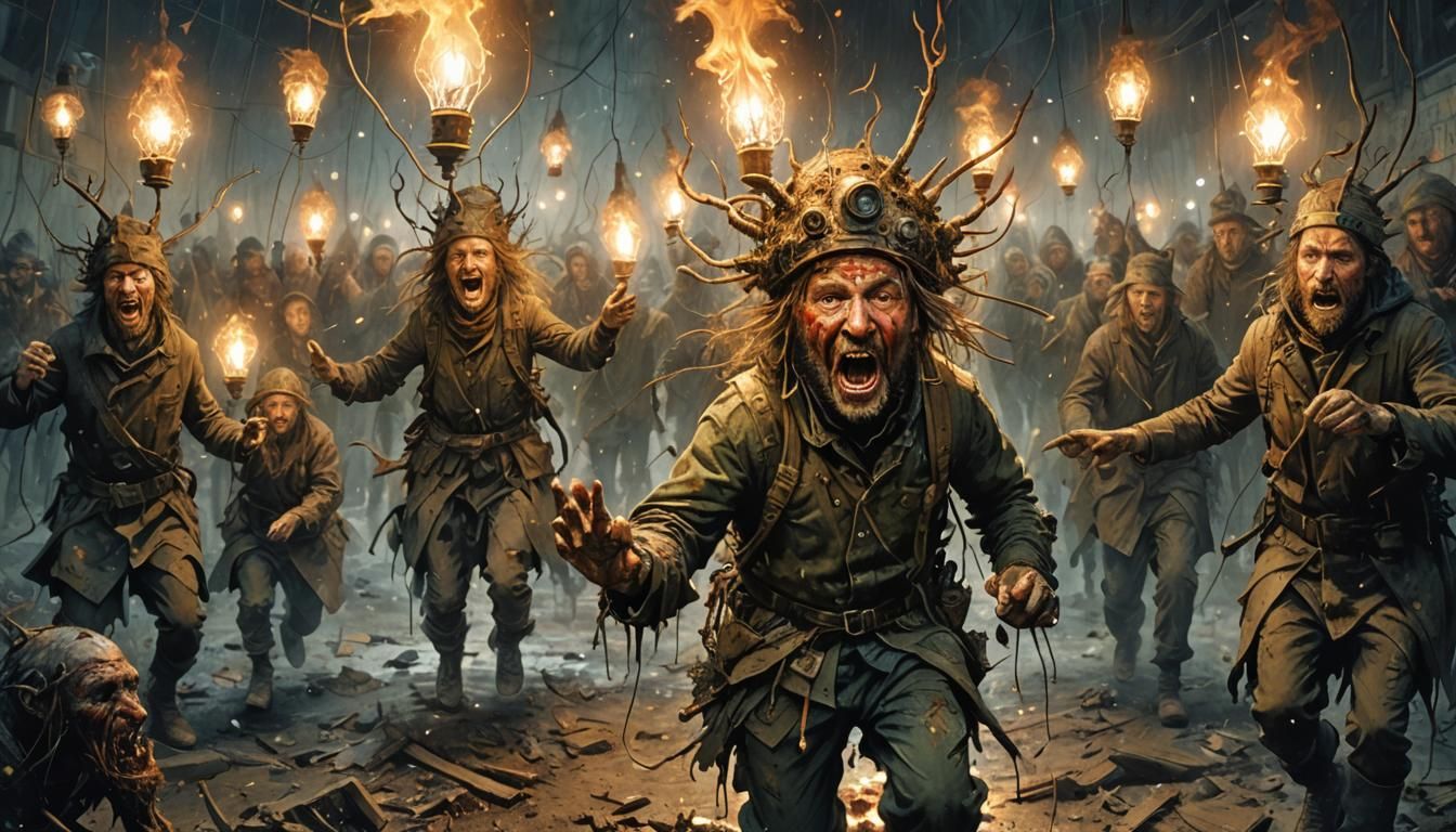 Cinematic Surreal Scene of Chaos and Panic