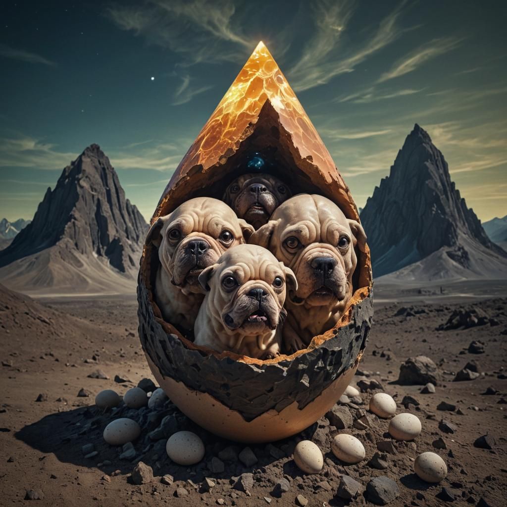 Surreal Cerberus Hatches in a Vibrant Fractal Landscape