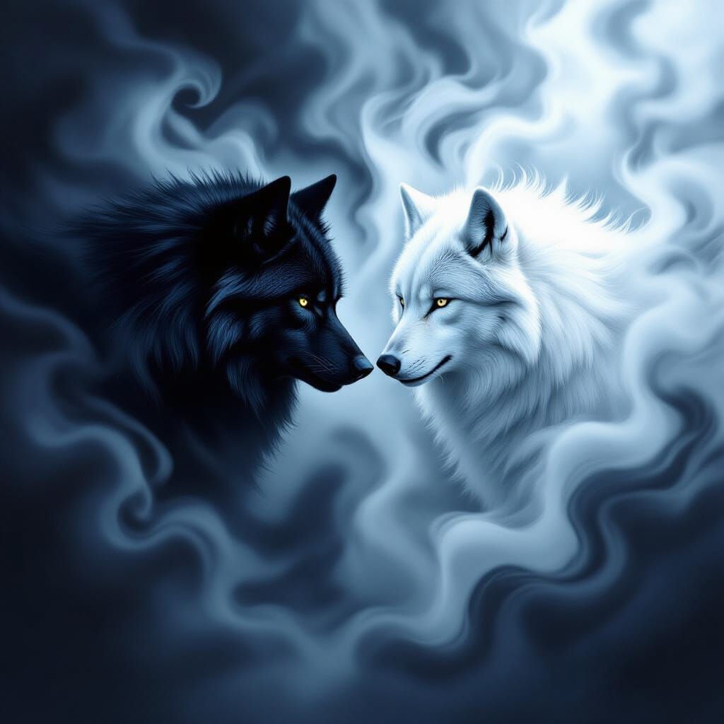 Black and White Wolf Contrast in Dramatic Mist
