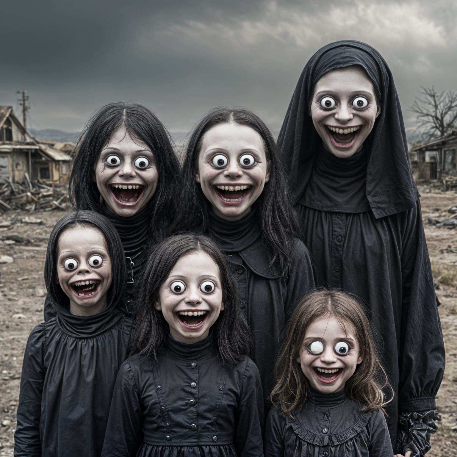 Goth Family's Unsettling Smile in a Deserted Wasteland