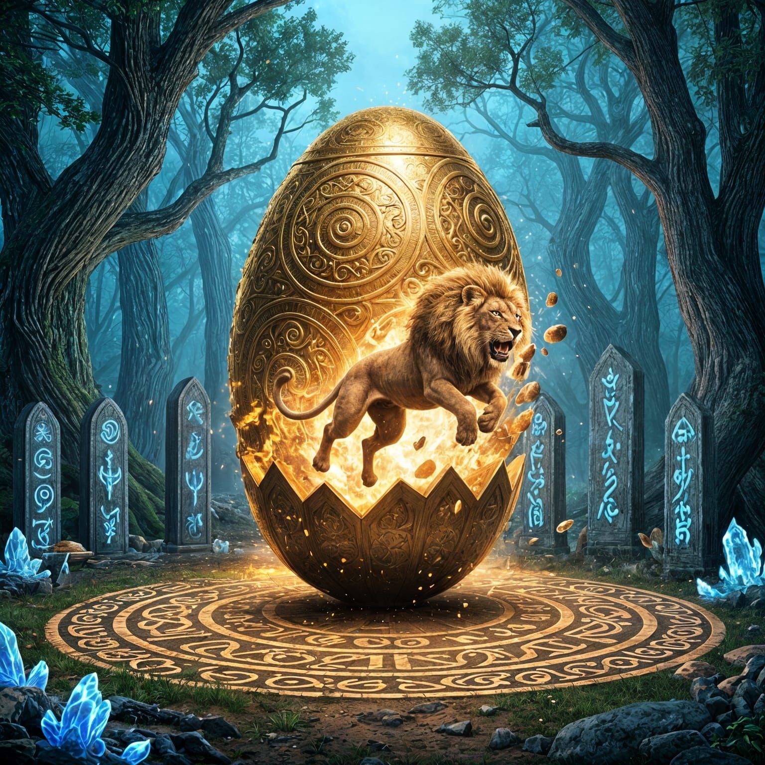 Golden Lion Emerges from Egg in Druid Shrine