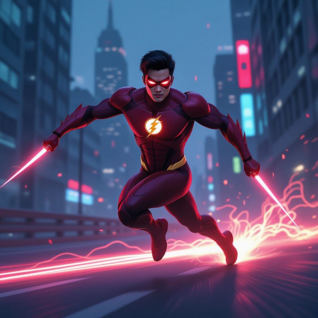 Crimson Speedster in a Cyberpunk Cityscape