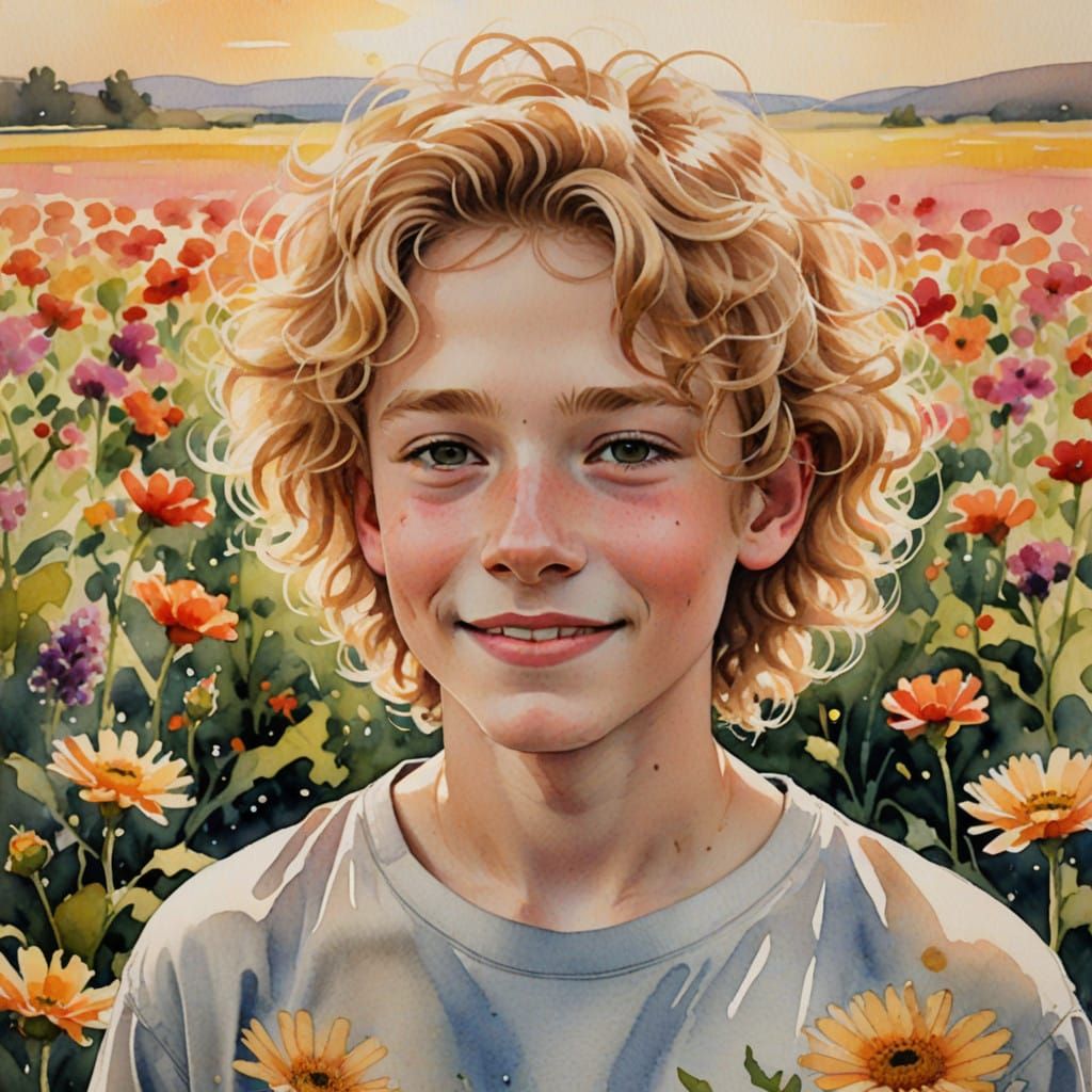Whimsical Watercolor Portrait of a Gentle Boy
