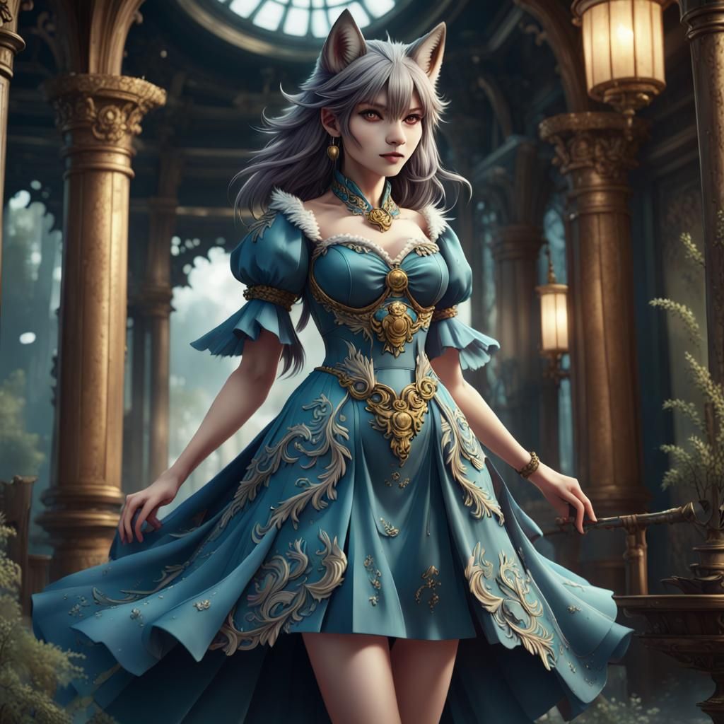 Elegant Anime Wolf Goddess in Whimsical Fantasy Realm