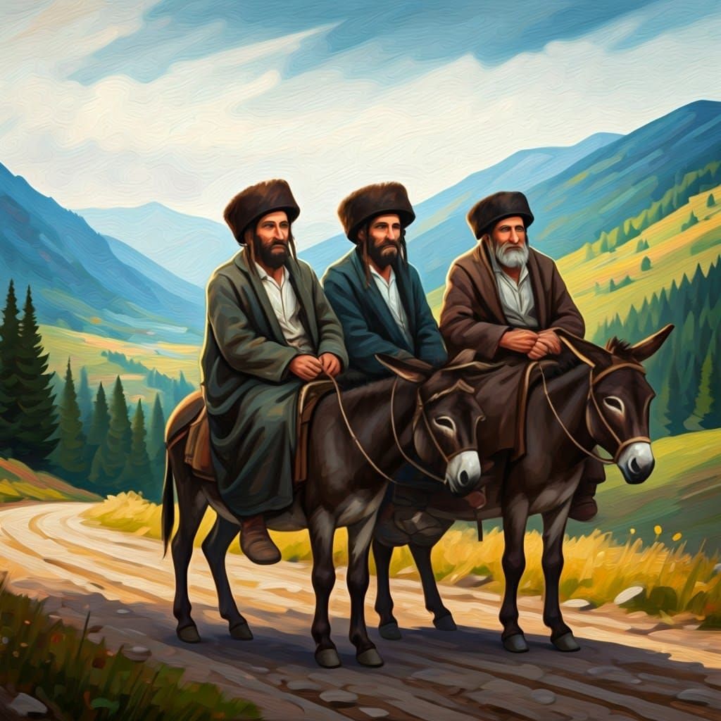 Traditional Hasidic Jews on Donkeys Amidst the Carpathian Mo...