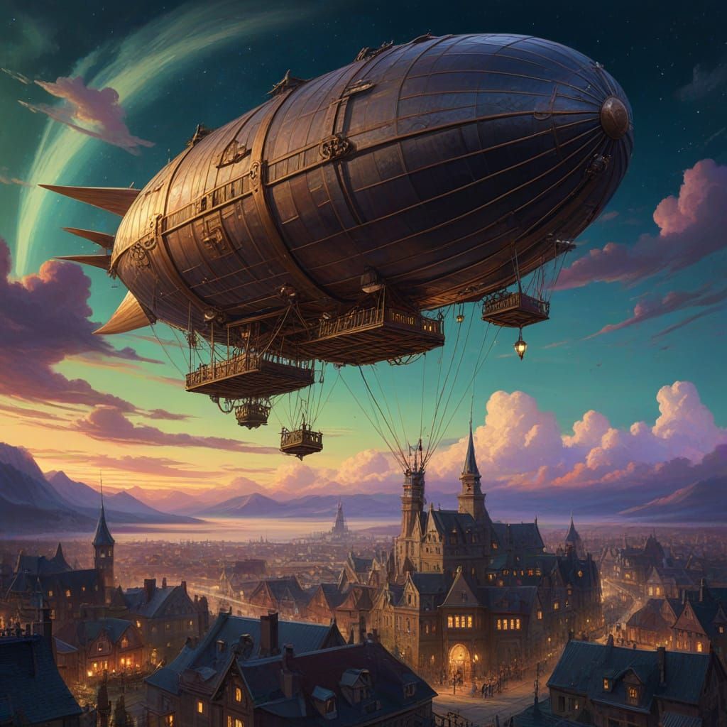 Steam Dirigible Over Medieval City in Aurora Sky