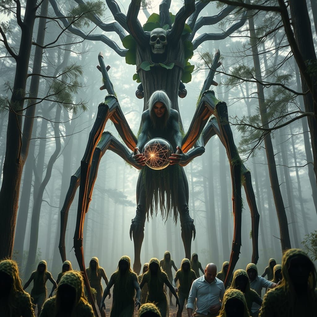 Colossal Wooden Arachne Demi-human Surrounded by Zombie Hord...