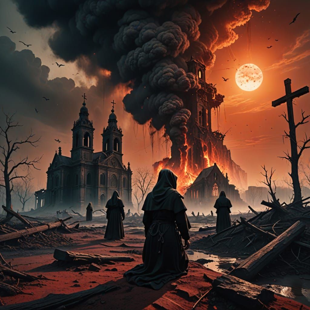Dark Church Ruins with Crying Nuns in Hyper-Realistic Digita...