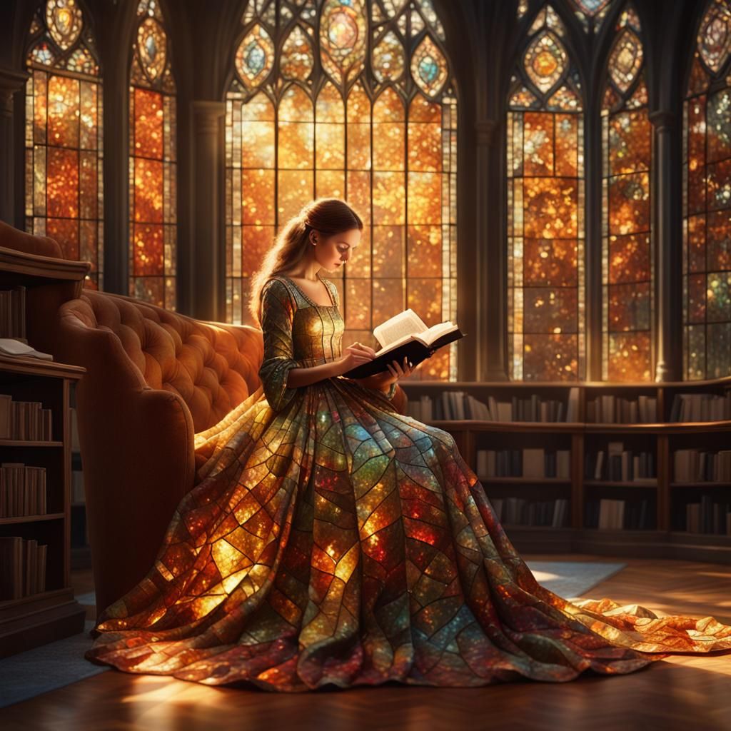 Pre-Raphaelite-Inspired Fantasy Lady in Autumn Library