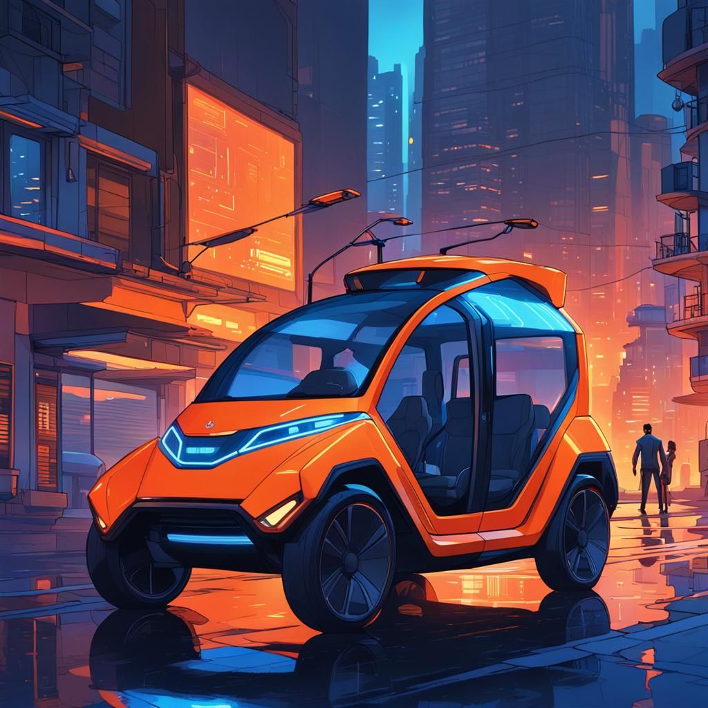 Futuristic Bajaj Vehicle in Neon Cityscape