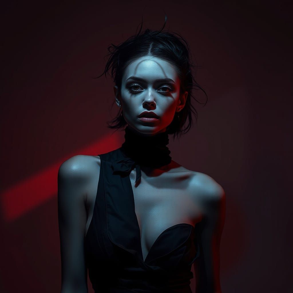 Surreal Dark Fashion Model in Avant-Garde Attire Posing in M...