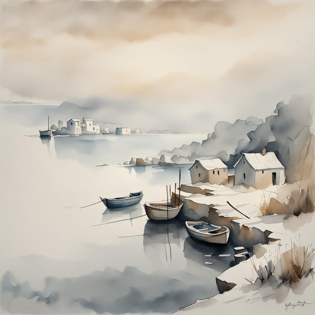 Winter Village on the Mediterranean Coast in Soft Watercolor