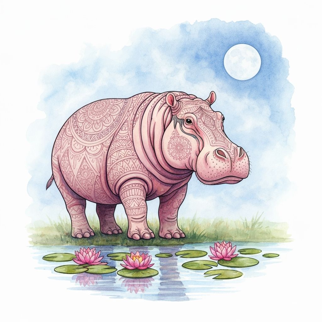 Serene African Designed Hippo in Misty Pond