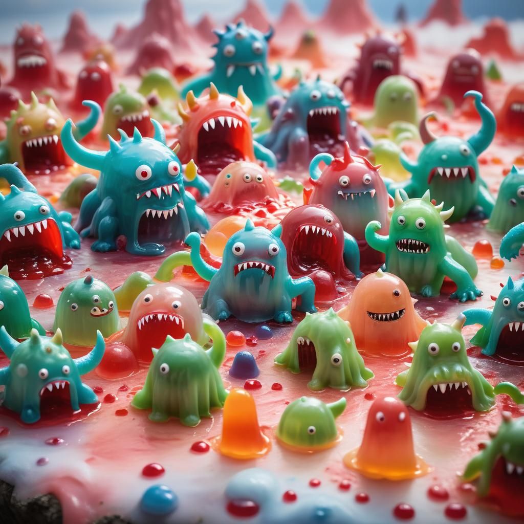 Giant Jelly Monsters Roam a Cloudy Jello Landscape