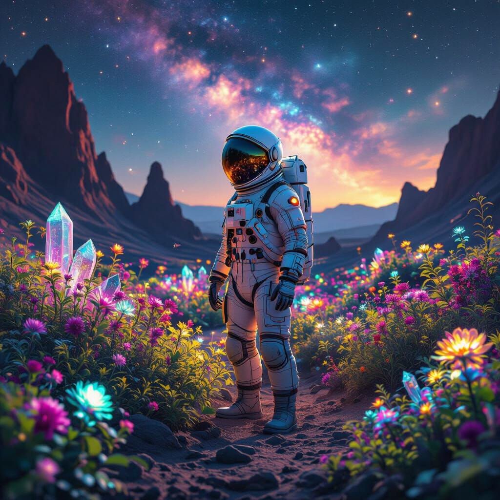 Astronaut's Bioluminescent Garden on Alien Planet