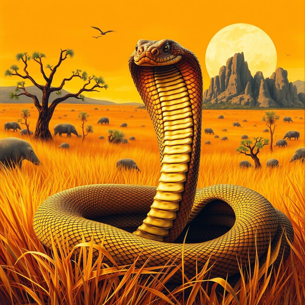 Surreal African Cobra Uncoils in Vibrant, Dreamlike Landscap...