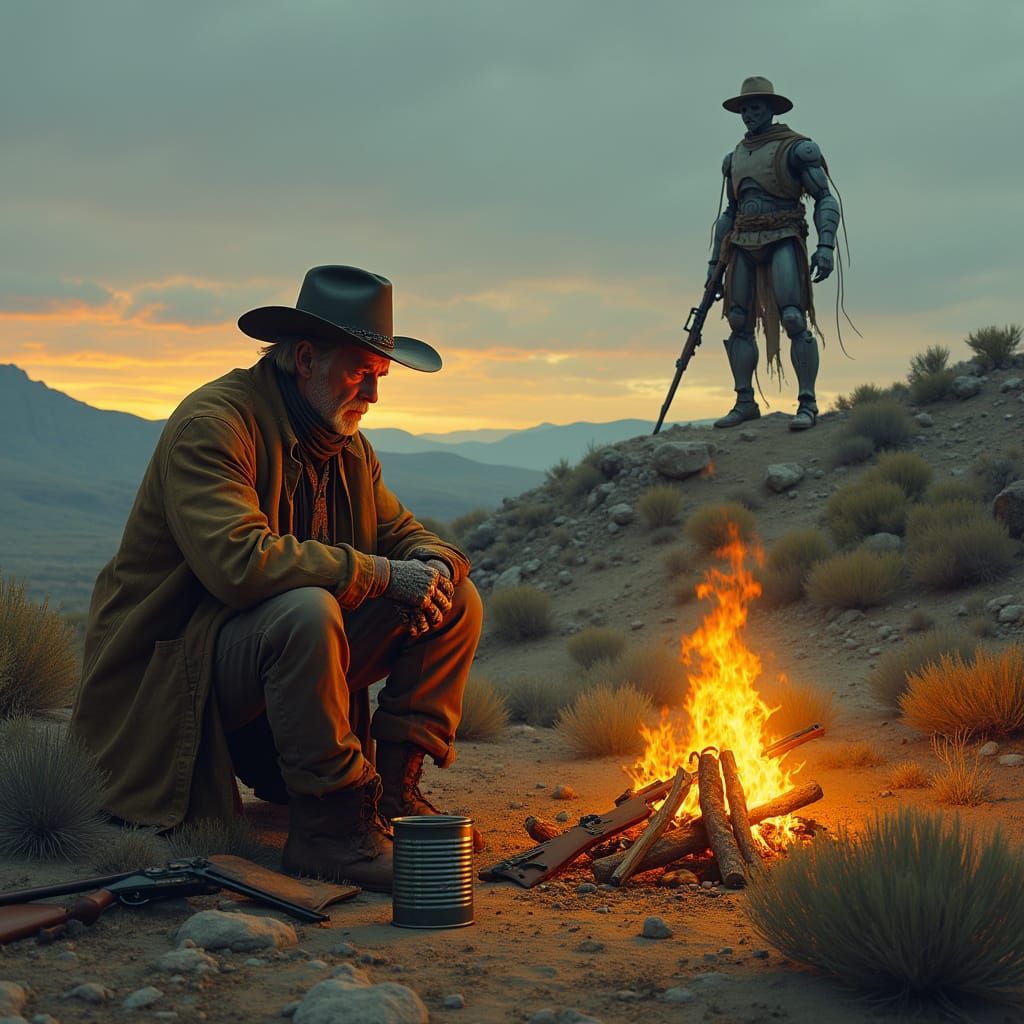 Cowboy and Robot at Dusk in Badlands Scenery