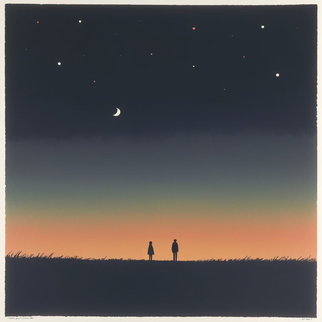 Dreamy Couple in Solitude, Printed in Risograph Style