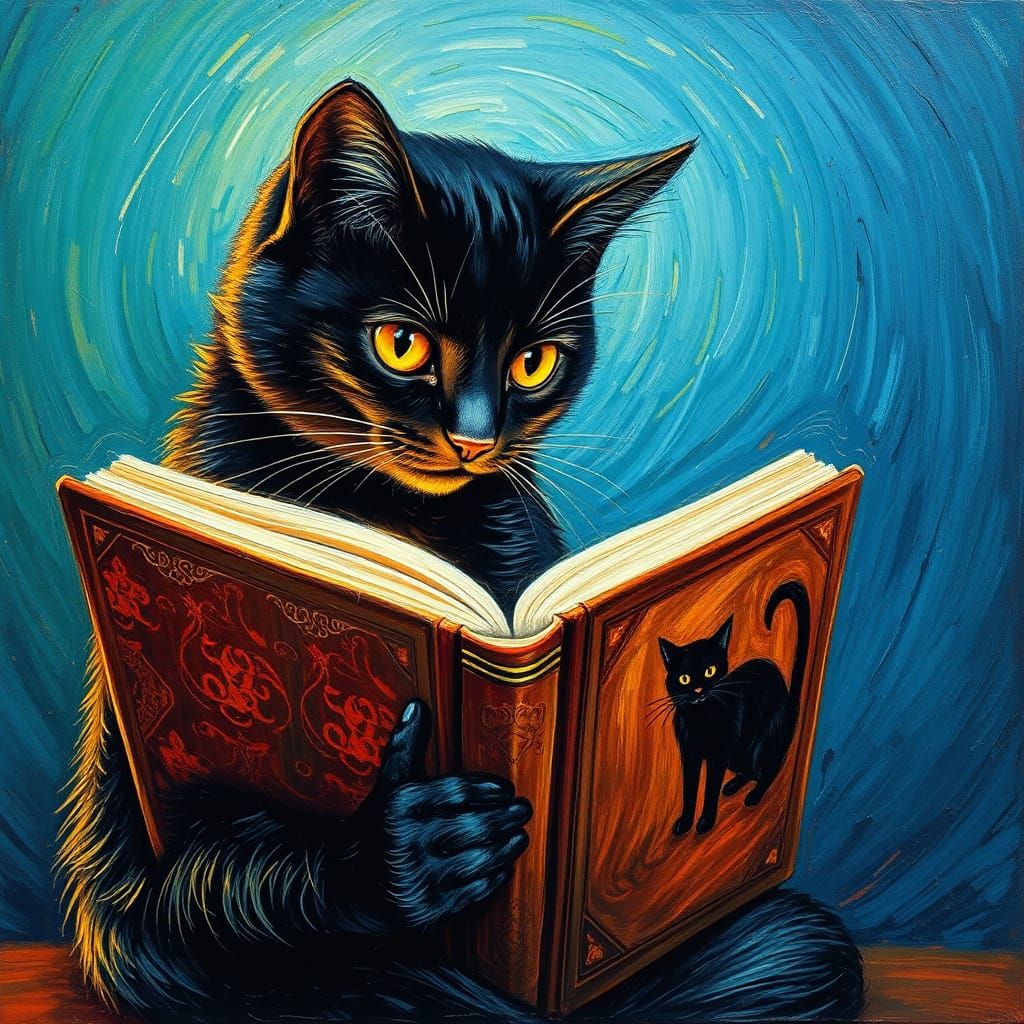 Whiskered Feline Reads Leather-Bound Book in Impasto Style