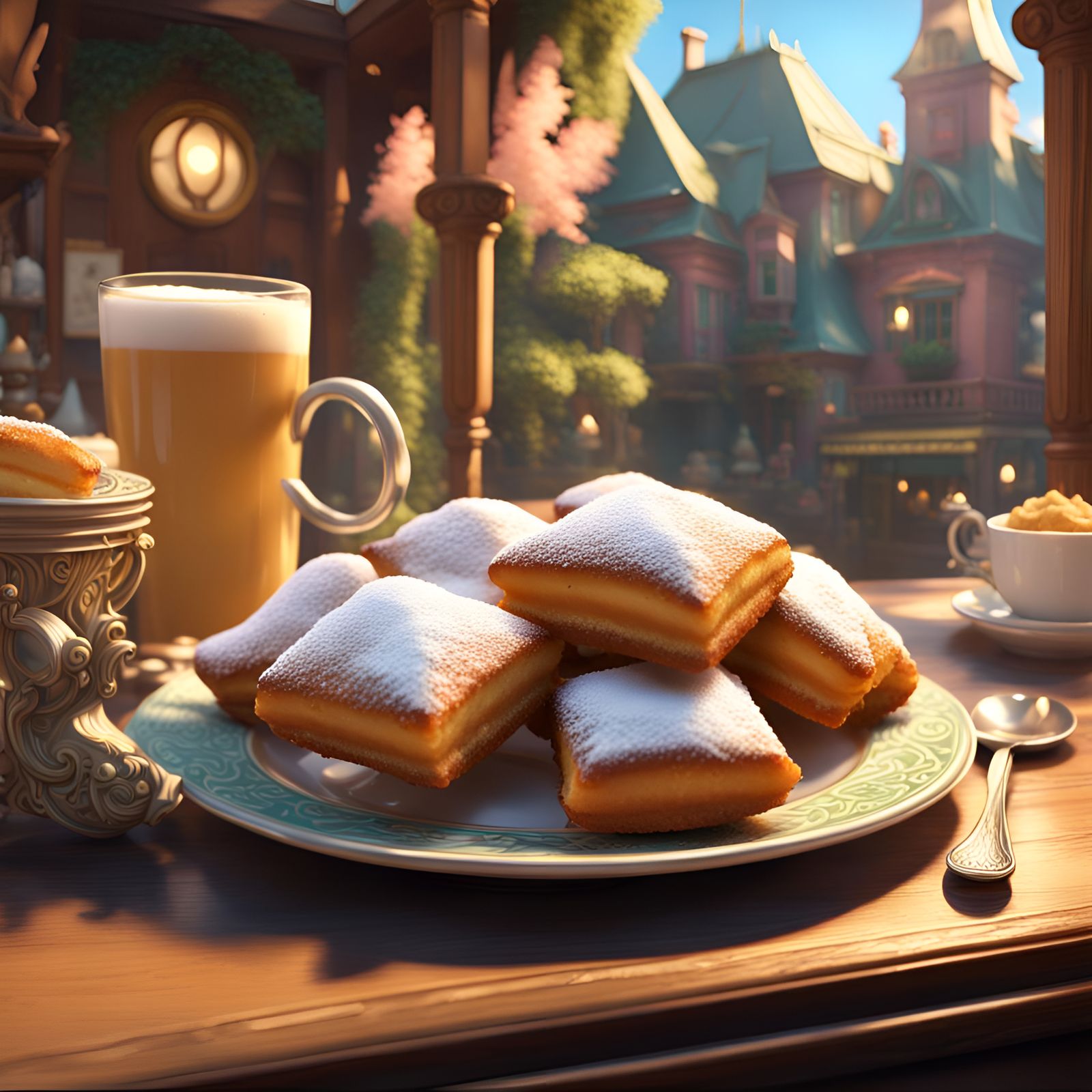 Whimsical Beignets in a Vibrant Studio Ghibli-Style Restaura...