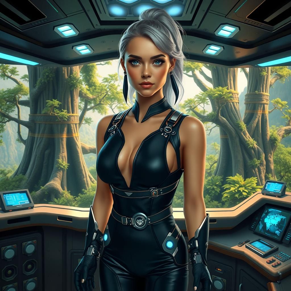 Sleek Futuristic Woman Commands Industrial Forest Ship