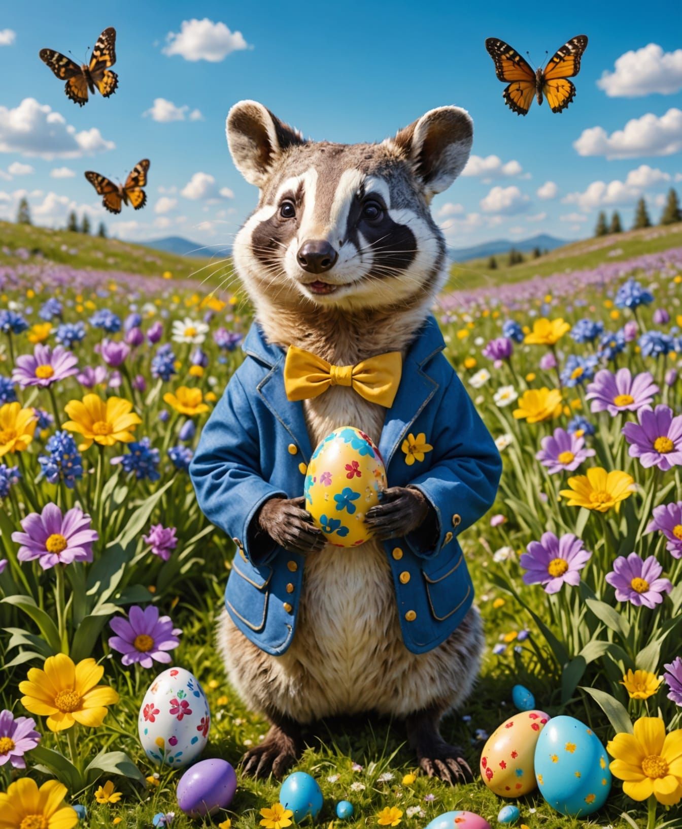 Vibrant Easter Badger in a Colorful Spring Meadow