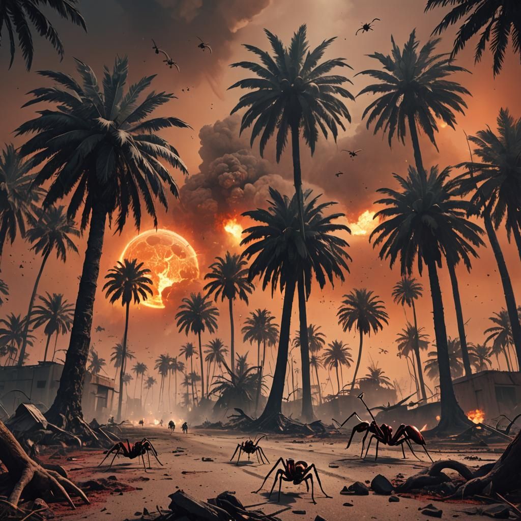 Cyberpunk Brutalist Landscape with Giant Ants