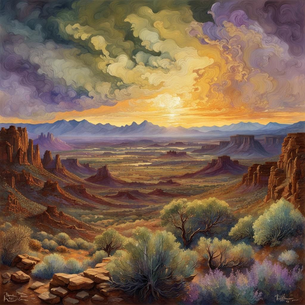 Fine Art Mosaic,  sage green,  brown,  lavender, dirty yellow : backlit by radiating sunrays, billowing clouds :  majest...