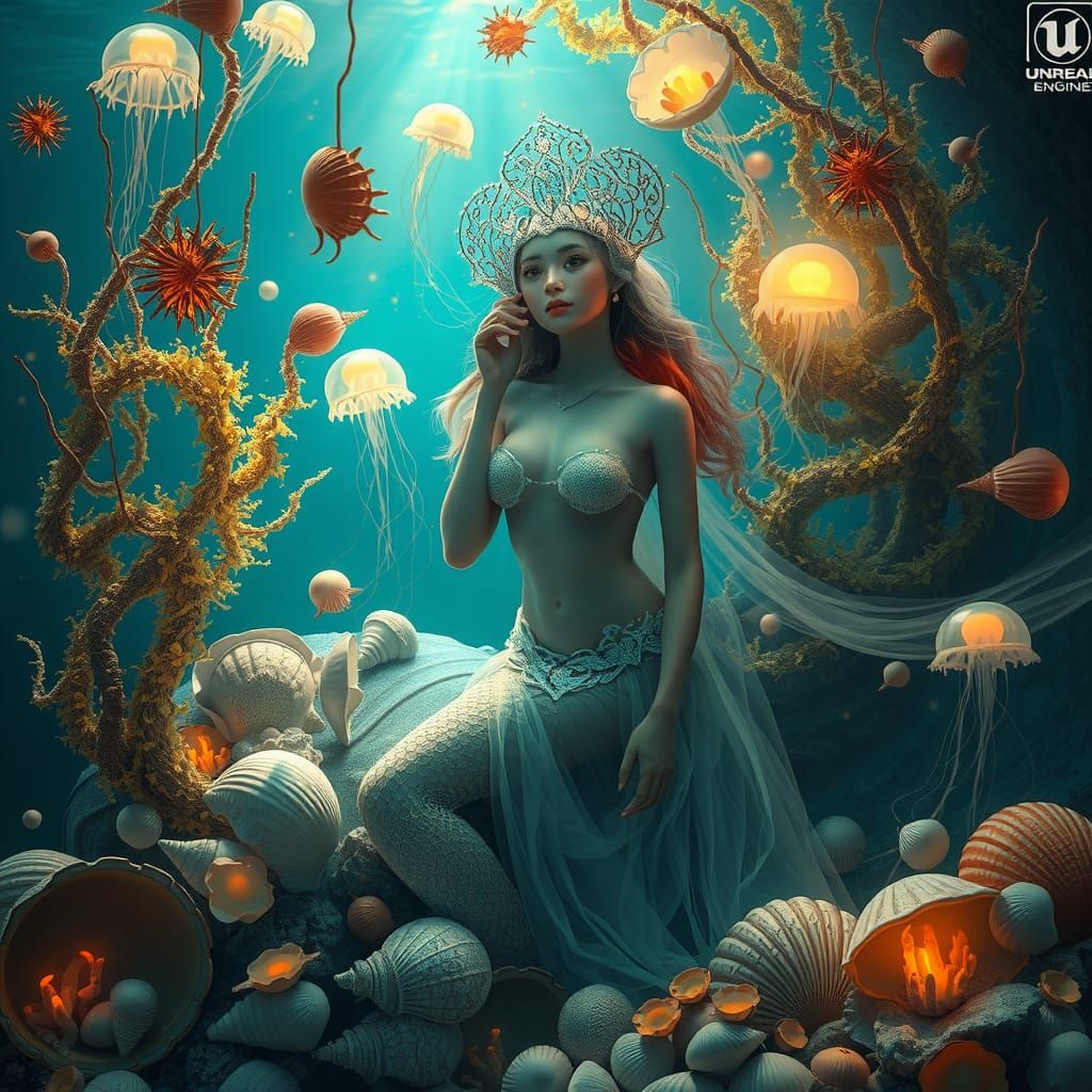 Ethereal Mermaid in Whimsical Ocean Scene with Shells and Gl...