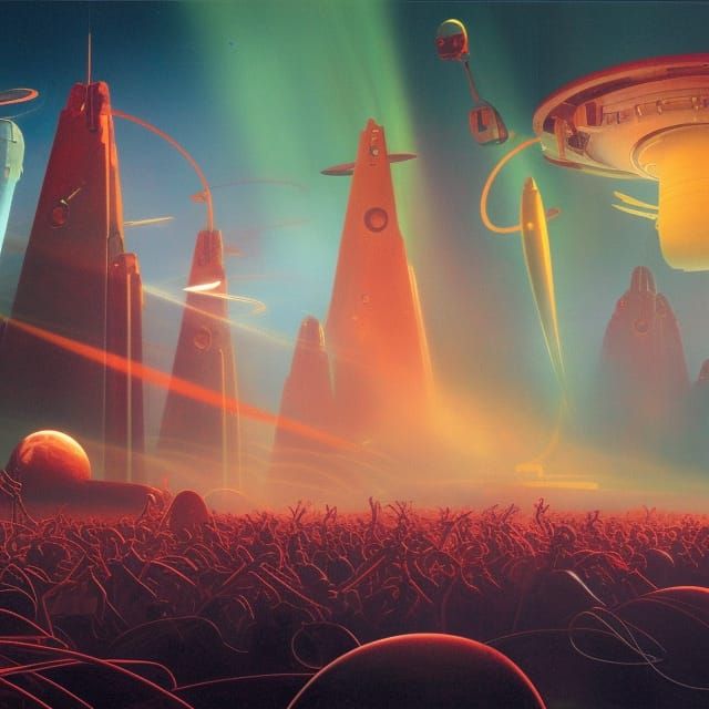Futuristic Martian concert with thousands of martians cheering towers antennae laser contrasting colors deep color Jim B...