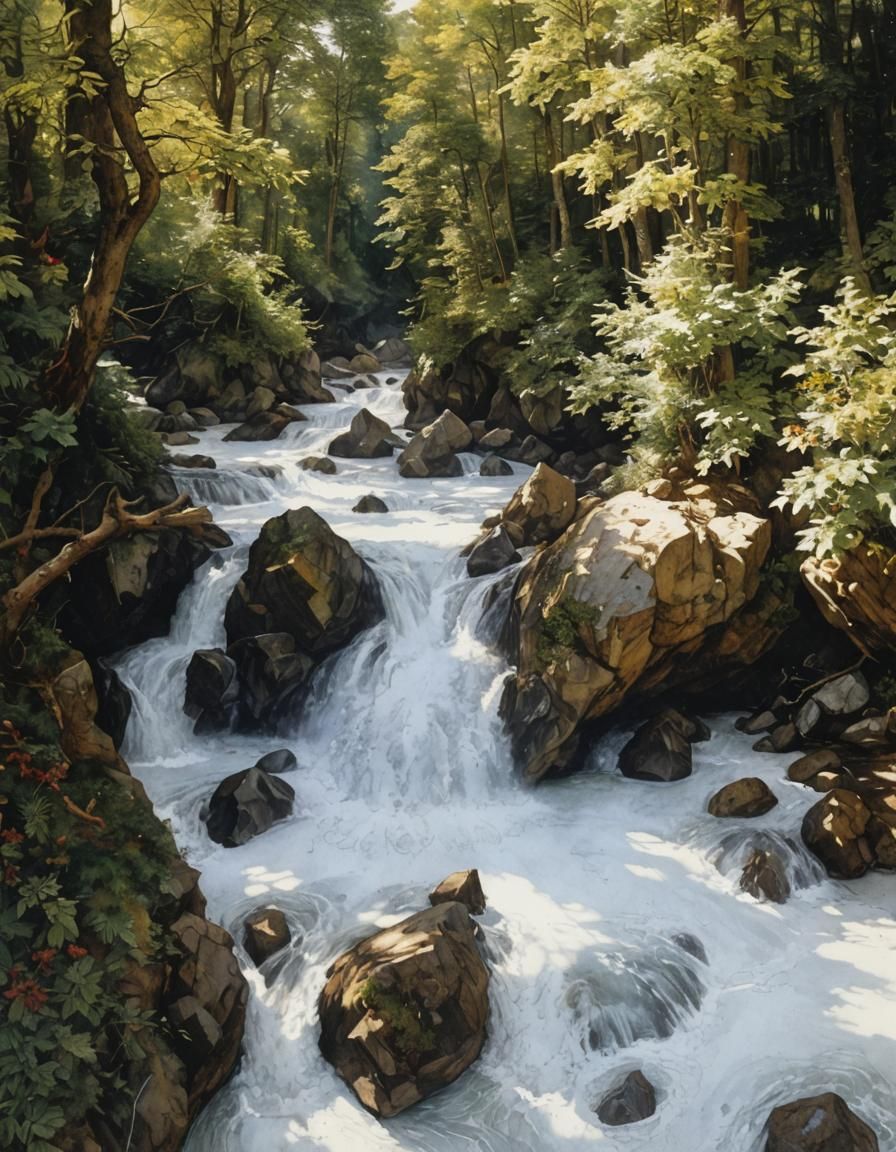 Rapids in Meticulous Watercolor Style