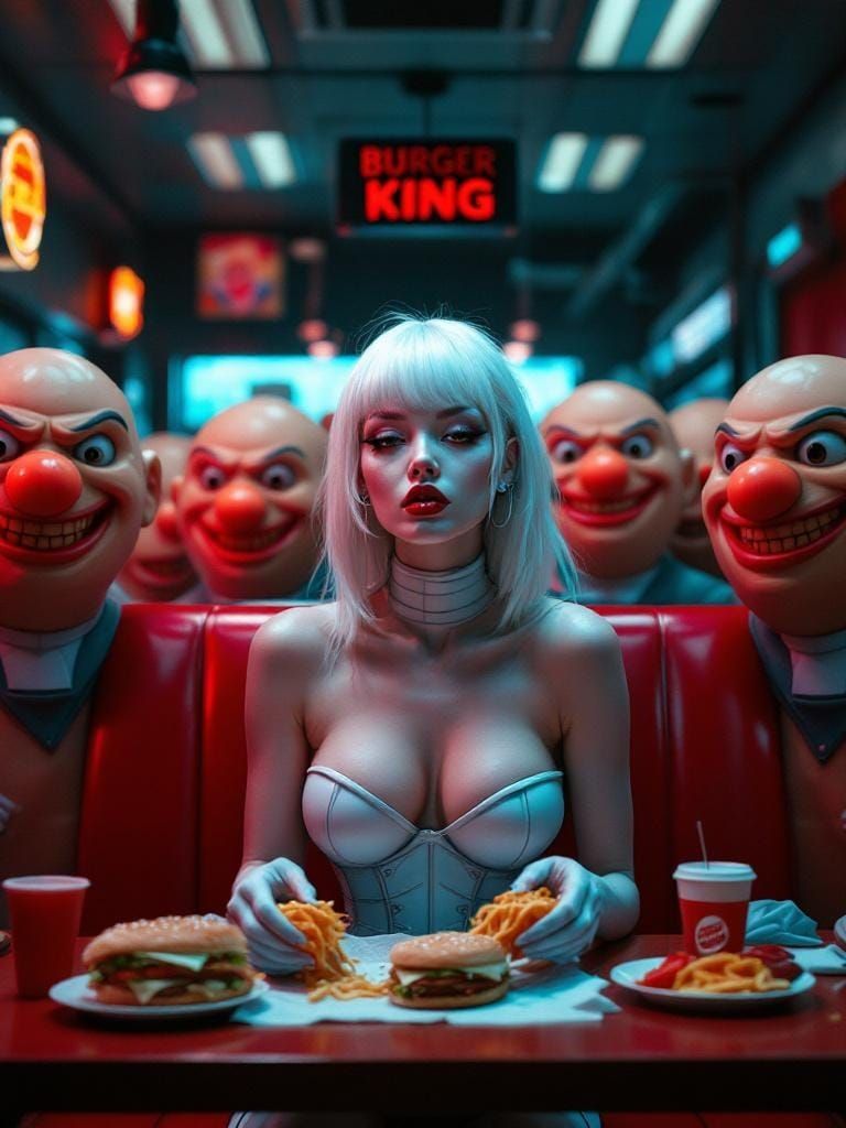 Glamorous Woman in Cyber-Surrealist Burger King Scene