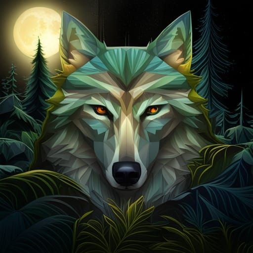 Geometric Wolf Face in Dark Forest Landscape