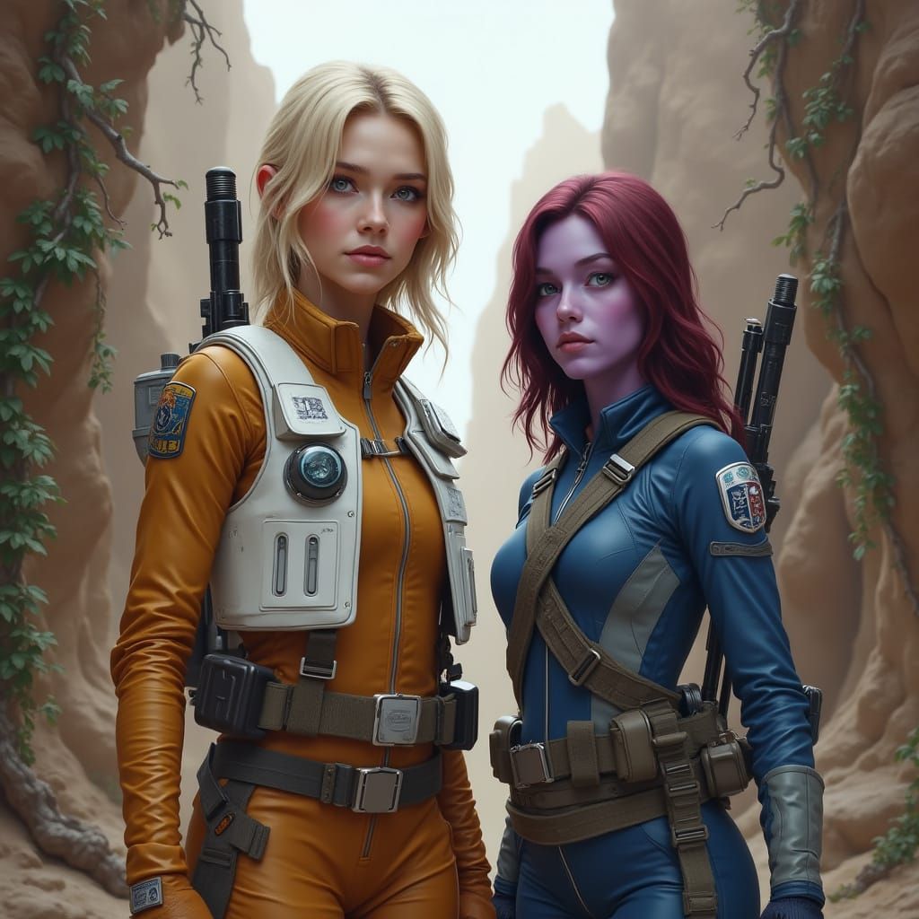 Hyper Realistic Portrait of Two Women in Flight Suits