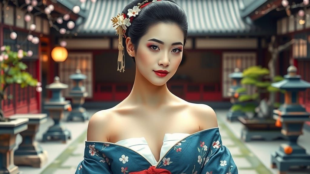 Geisha in Blue Kimono in Japanese Courtyard