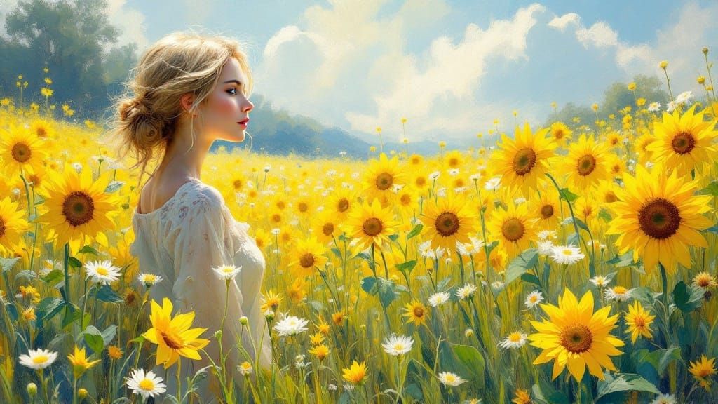 Blonde Woman Surrounded by Vibrant Sunflowers and Wildflower...